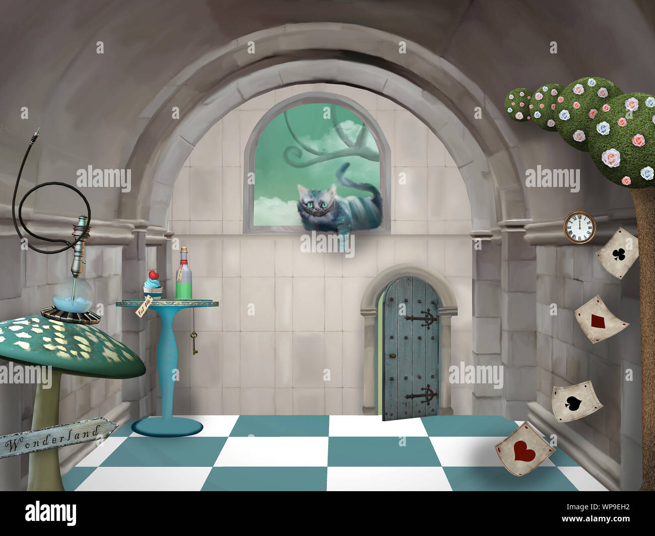 Camera surreale nel paese delle meraviglie con un Cheshire cat e una tabella Foto Stock