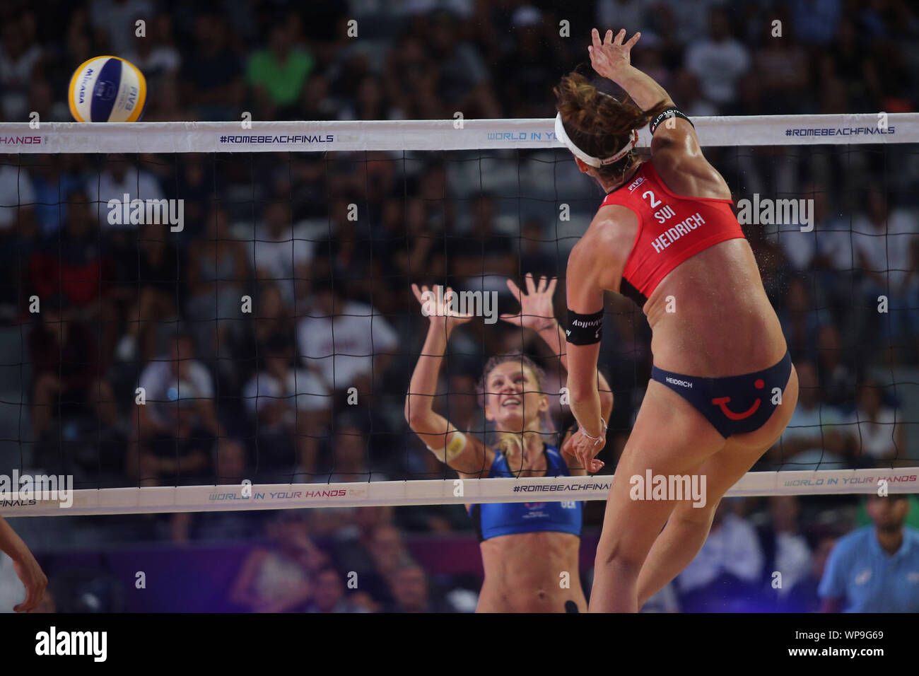 Roma, Italia - settembre 07,2019:Heidrich/Verge-Depre e Ludwig Kozuch durante le semifinali - Donne FIVB World Tour Roma Beach Volley finali 2018/2019, Olympic i qualificatori match Swiss v Germania, a Roma lo Stadio di tennis. Foto Stock