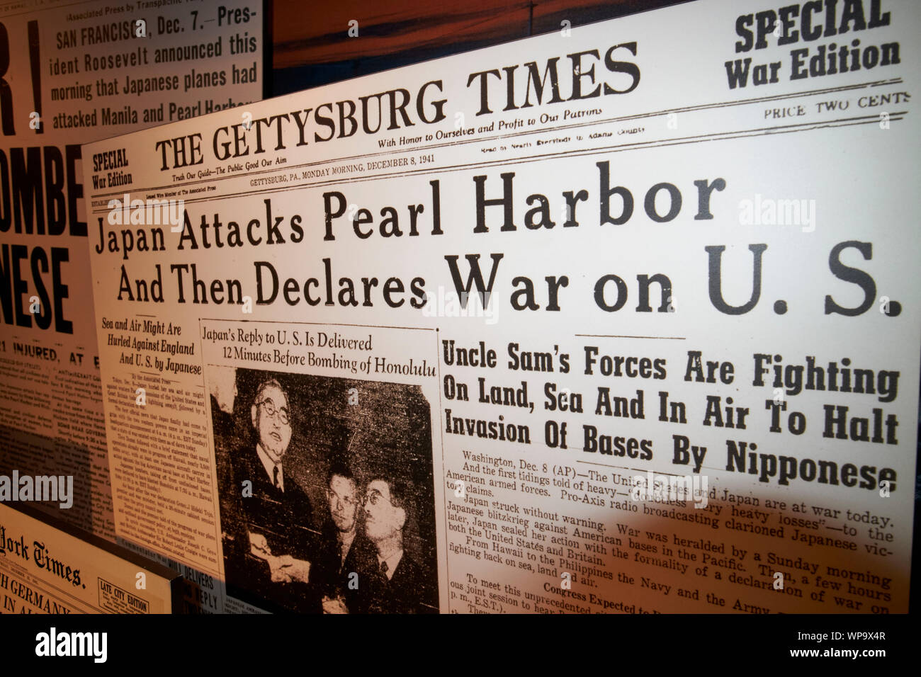 Display del museo storico di Gettysburg volte titolo di giornale di attacco giapponese a Pearl Harbor Chicago Illinois USA Foto Stock