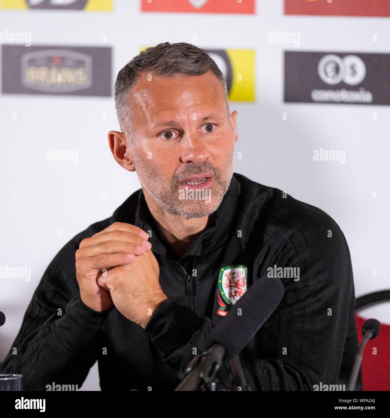 Hensol, Wales, Regno Unito. 8. settembre 2019. Wales national team manager Ryan vedi figg. *** durante una conferenza stampa in vista di una partita amichevole contro la Bielorussia. Credito: Mark Hawkins/Alamy Live News Foto Stock