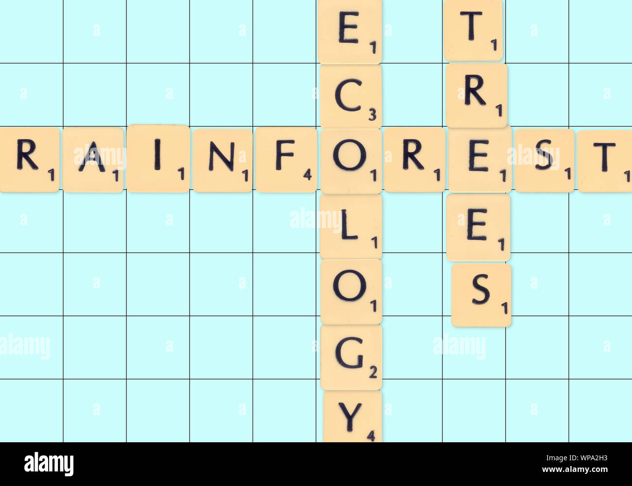 Creato digitalmente piastrelle Scrabble su una scheda Ortografia fuori a salvare il nostro pianeta slogan, foresta pluviale, ecologia e alberi Foto Stock