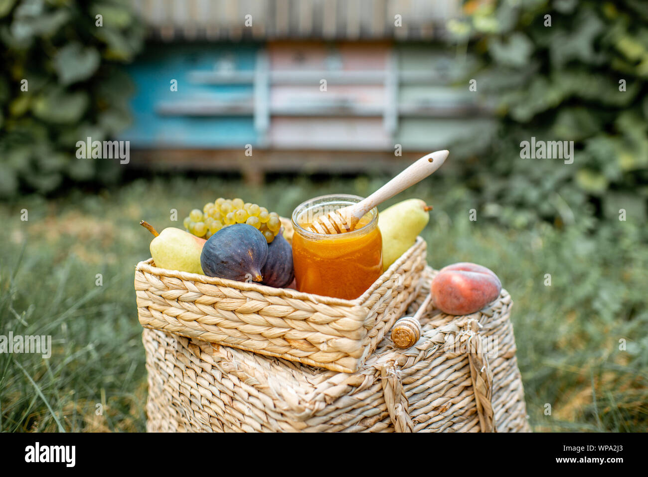 Composizione di frutti dolci e vaso pieno di miele con mobilia di legno alveari sullo sfondo all'apiario Foto Stock