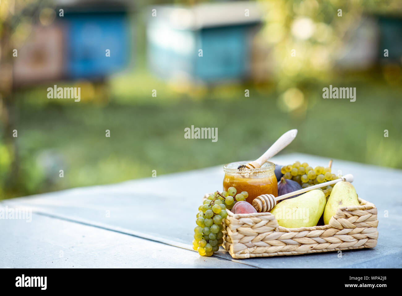 Composizione di frutti dolci e jar con del miele per alveare all'alveare, immagine con spazio di copia Foto Stock