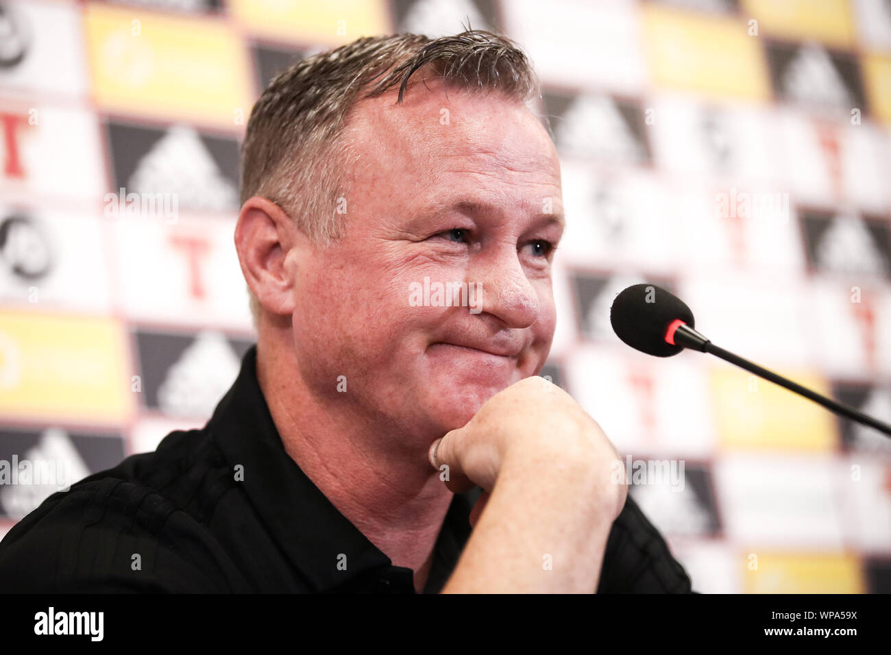 Belfast, Regno Unito. 08 Sep, 2019. Calcio: squadra nazionale, conferenza stampa Irlanda del Nord prima del campionato europeo il qualificatore Irlanda del Nord - Germania a Windsor Park Stadium. Coach Michael O'Neill parla alla conferenza stampa conclusiva. Credito: Christian Charisius/dpa/Alamy Live News Foto Stock