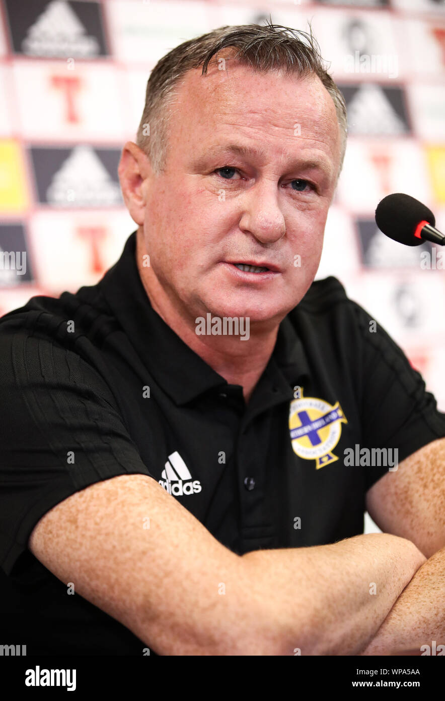 Belfast, Regno Unito. 08 Sep, 2019. Calcio: squadra nazionale, conferenza stampa Irlanda del Nord prima del campionato europeo il qualificatore Irlanda del Nord - Germania a Windsor Park Stadium. Coach Michael O'Neill parla alla conferenza stampa conclusiva. Credito: Christian Charisius/dpa/Alamy Live News Foto Stock