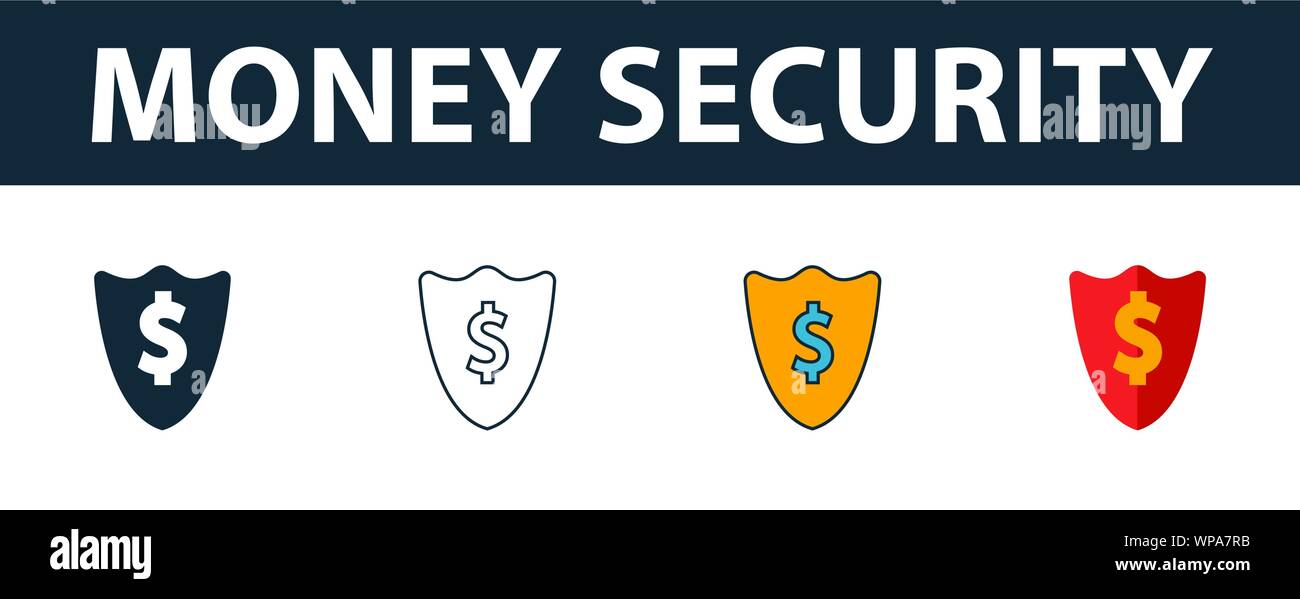 Denaro icona di sicurezza impostato. Quattro elementi in diversi stili dal denaro raccolta di icone. Creative denaro le icone di protezione riempito, contorno, colorata e piatto Illustrazione Vettoriale