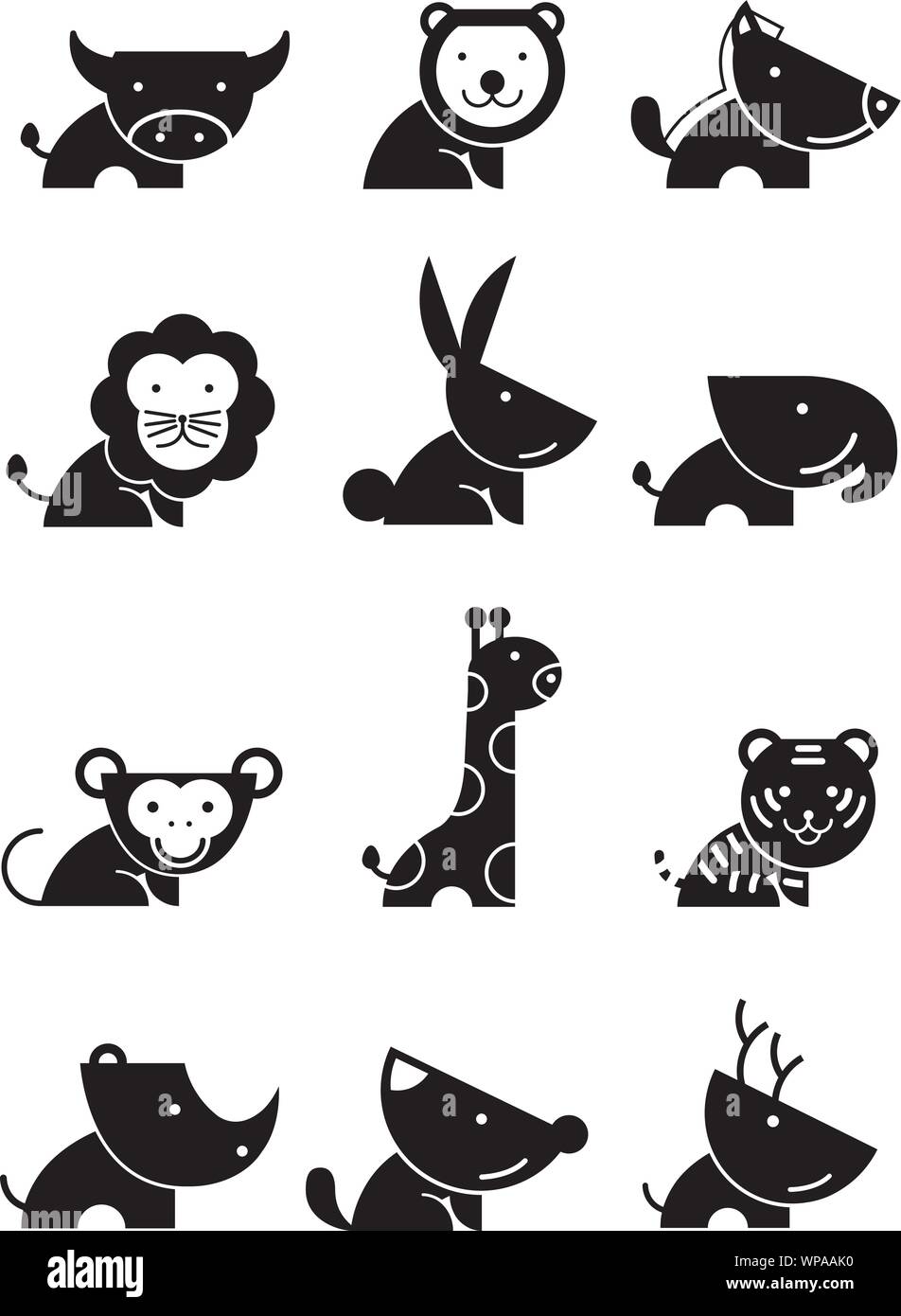 Icona di dodici animali selvatici nel design in bianco e nero.adatto per l'ambiente, la fauna selvatica e la progettazione di lavoro,illustrazione vettoriale Illustrazione Vettoriale