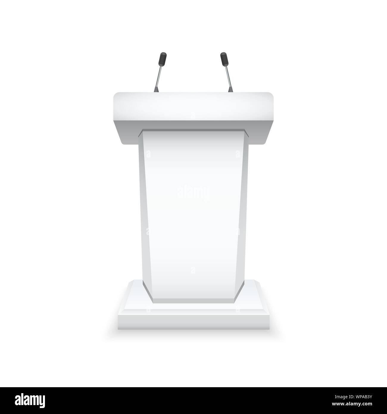 Podio bianco tribune con microfoni. Isolato tribune mockup. Illustrazione Vettoriale. Illustrazione Vettoriale
