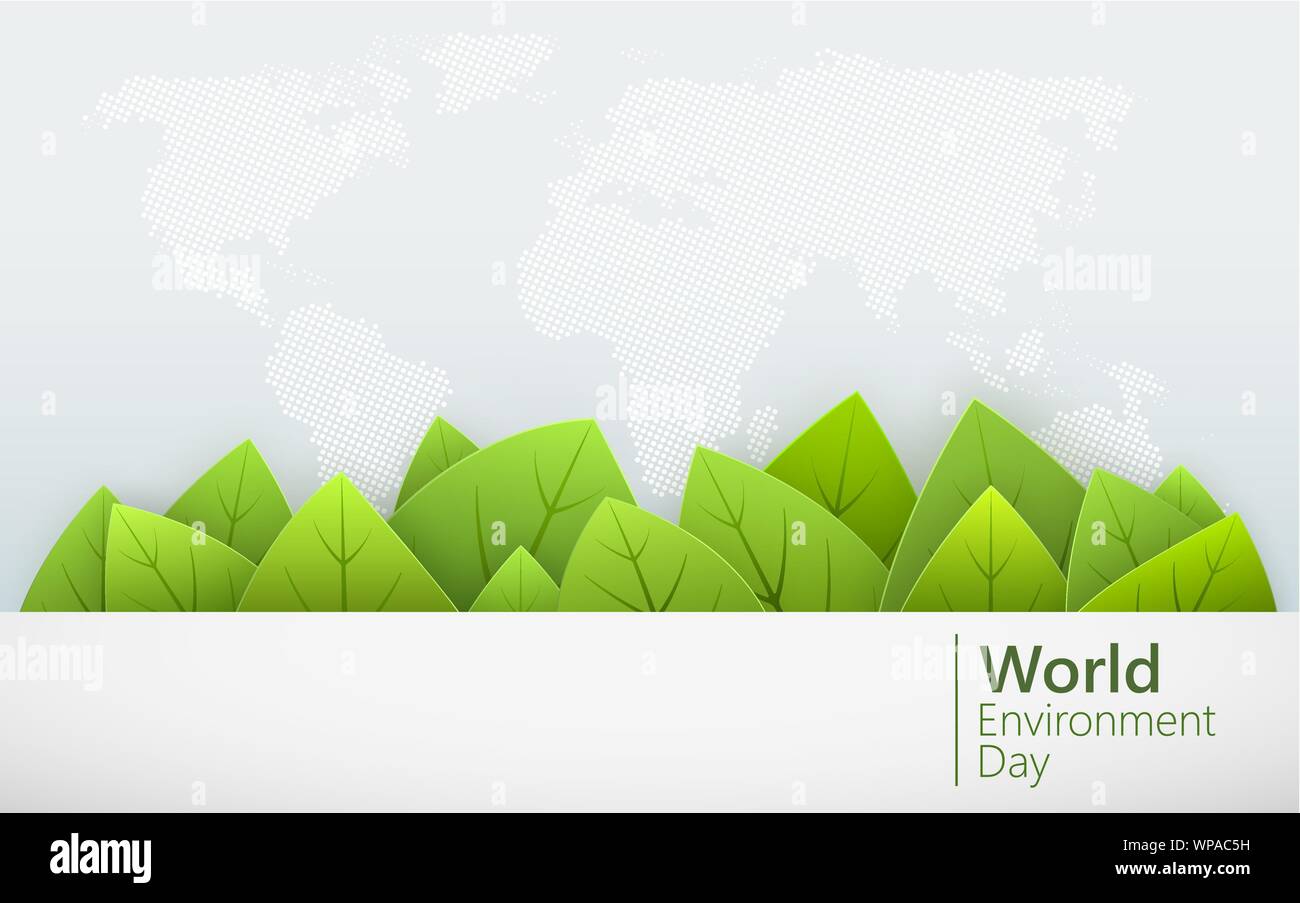 Giornata mondiale dell'ambiente. Foglie verdi di forme con ombra sulla mappa del mondo sullo sfondo. Illustrazione Vettoriale Illustrazione Vettoriale