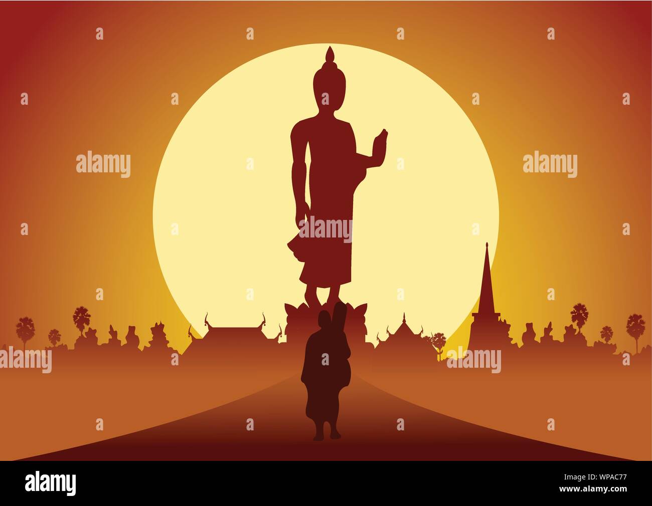 Monaco a piedi al di fuori del tempio pellegrinaggio la strada per rendere merito in zone rurali e foresta. per la pace in silenzio e il Dharma in sunset grande sole dietro a immagine del Buddha st Illustrazione Vettoriale