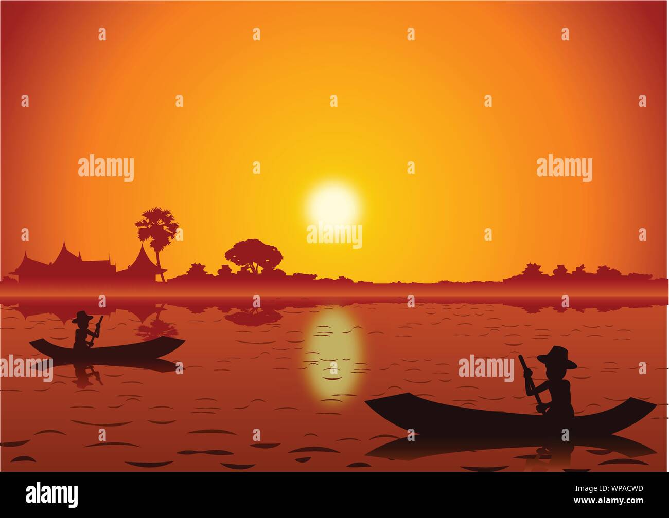 Paesaggio al tramonto e con una barca a remi torna alla home intorno con la natura .campagna dell oriente lifestyle silhouette design.illustrazione vettoriale Illustrazione Vettoriale