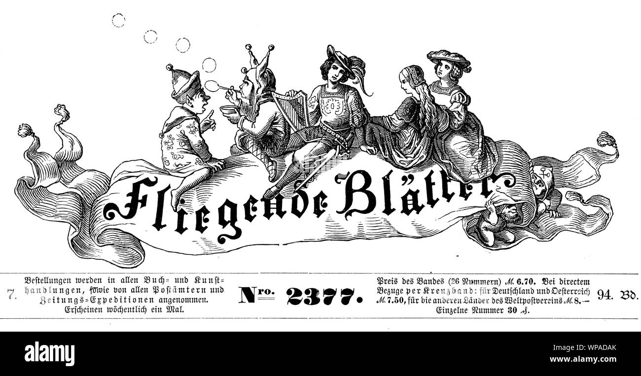Headline di Fliegende Blaetter (battenti papers) Tedesco satirical di umorismo e caricature Foto Stock
