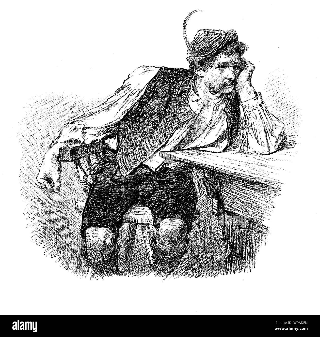 La caricatura del giovane bavarese in costume tradizionale seduta con espressione triste al tavolo di fumare il suo tubo di tabacco, forse rotto cuore? Foto Stock