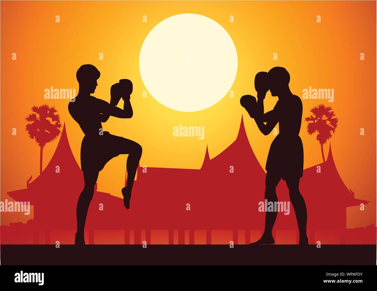 Boxe Tailandese Muay Thai arte marziale famoso sport,due boxer lottare insieme intorno con la natura e il tempio,Tramonto design silhouette Illustrazione Vettoriale