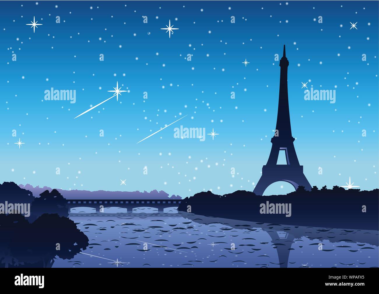 Torre Eifel a Parigi famoso punto di riferimento di tutto il mondo di notte pieno di stelle, fiume vista laterale,design silhouette Illustrazione Vettoriale