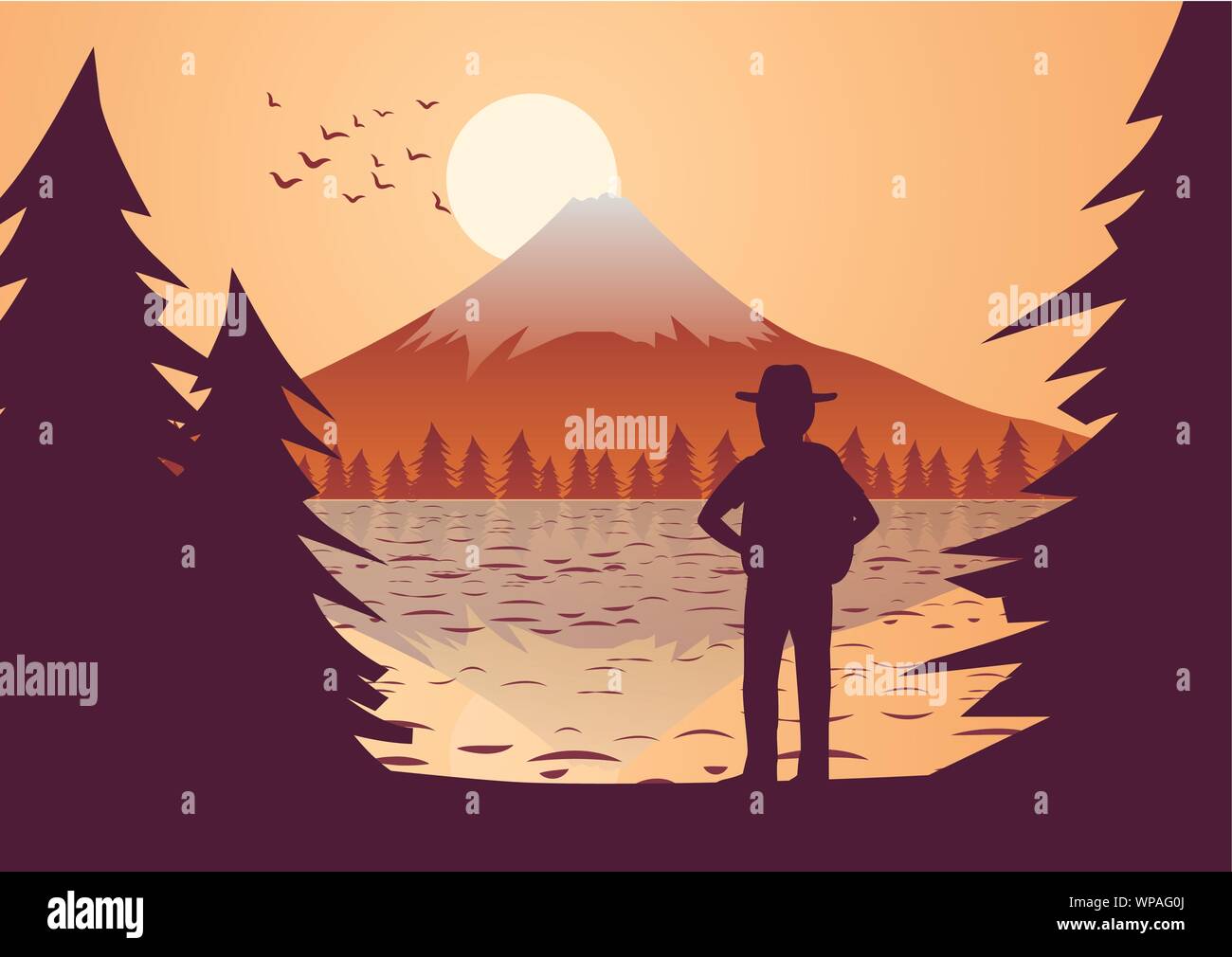 Traveler stare a guardare al Monte Fuji al tramonto intorno con struttura ad albero Illustrazione Vettoriale