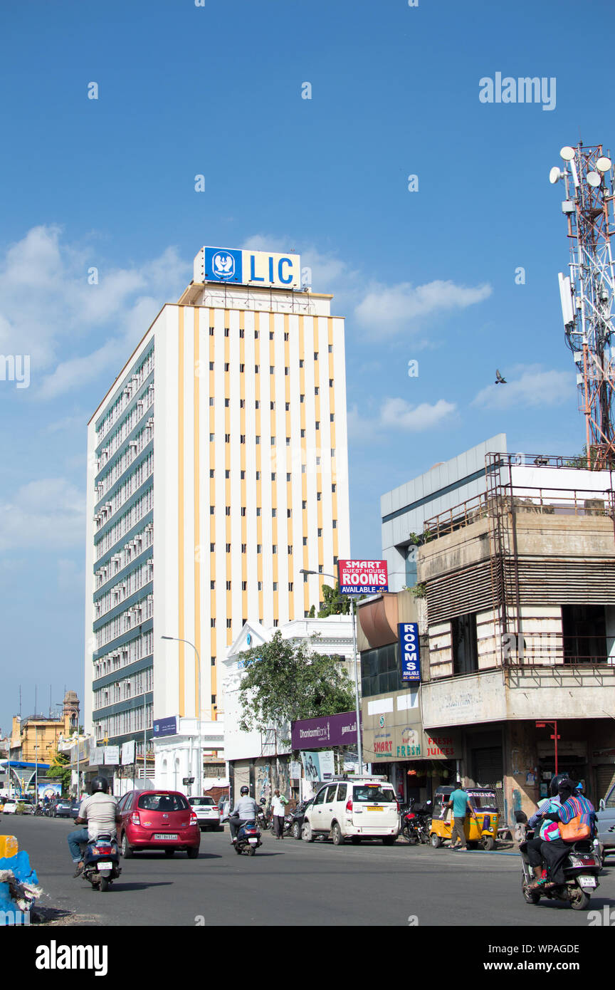 Life Insurance Corporation of India palazzo del famoso tratto di Mount Road a Chennai / Madras, Tamilnadu, India Foto Stock