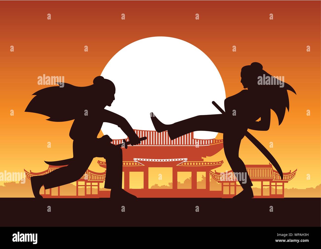 Il cinese Hero marziali lotta treno ogni altro fronte di antica casa cinese sul tramonto del tempo,stile silhouette,illustrazione vettoriale Illustrazione Vettoriale