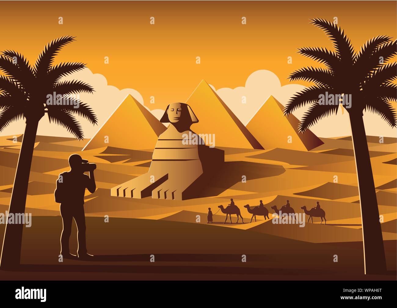 Tourist prendere le foto del famoso luogo chiamato piramide mentre caravan del cammello passare,punto di riferimento dell'Egitto il tramonto,giallo colore stile,illustrazione vettoriale Illustrazione Vettoriale