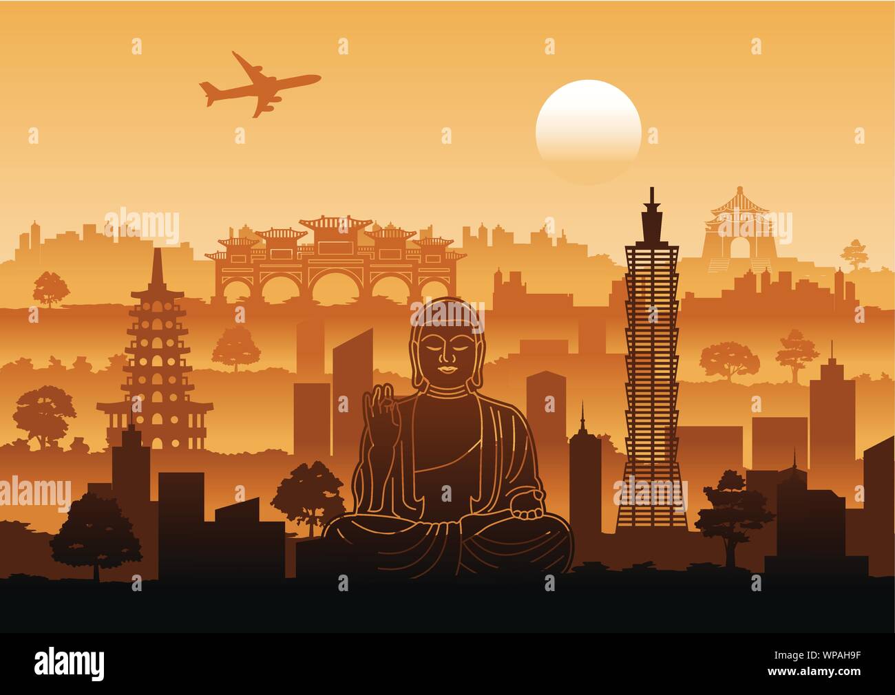 Taipei famoso segno distintivo stile silhouette con design di riga sul tramonto del tempo,illustrazione vettoriale Illustrazione Vettoriale