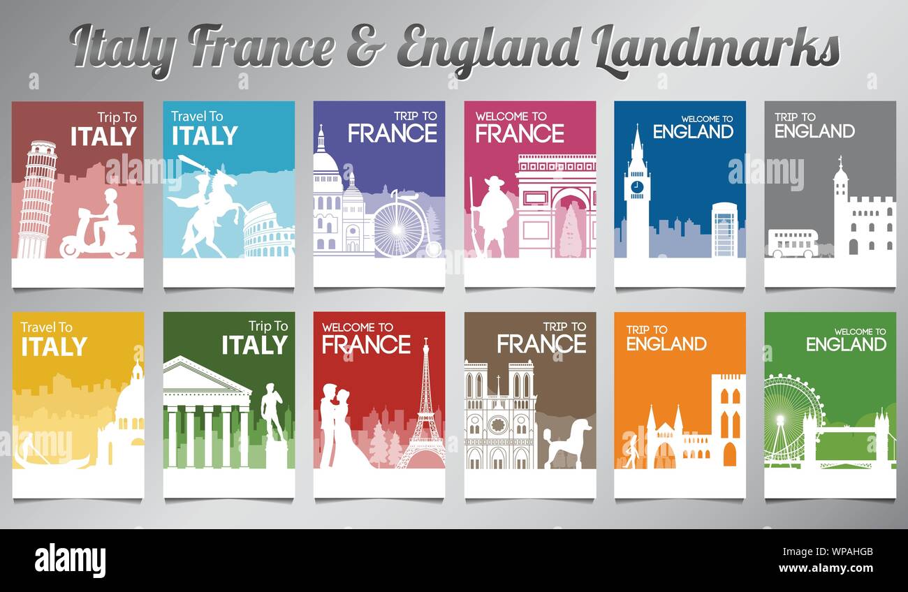 Italia Francia e Inghilterra famoso punto di riferimento e simbolo in stile silhouette con multi colore set brochure,illustrazione vettoriale Illustrazione Vettoriale