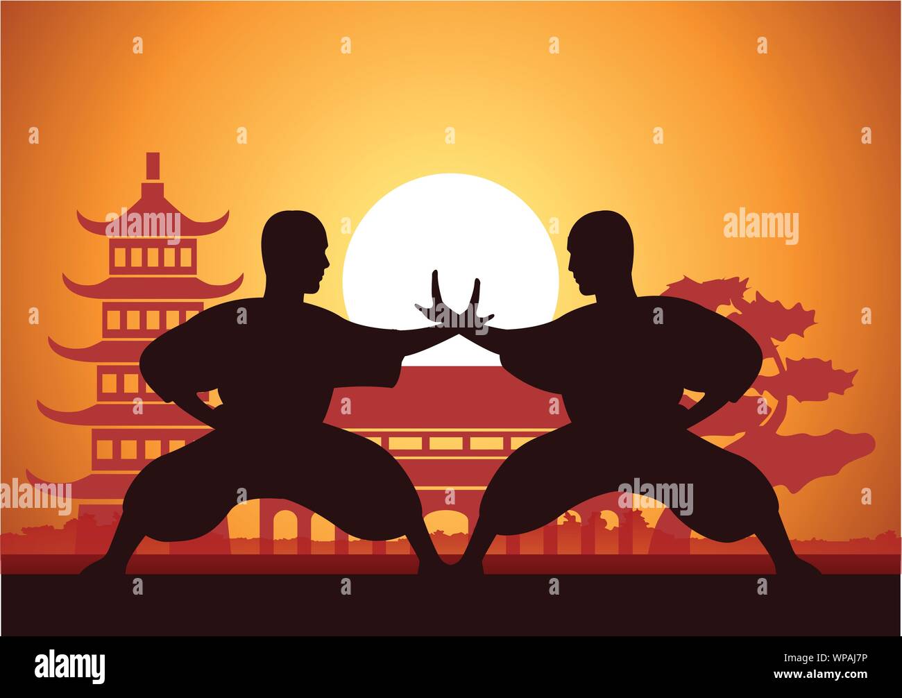 Boxe cinese Kung Fu arte marziale famoso sport,due boxer lottare insieme  intorno con il tempio Cinese,Tramonto design silhouette Immagine e  Vettoriale - Alamy