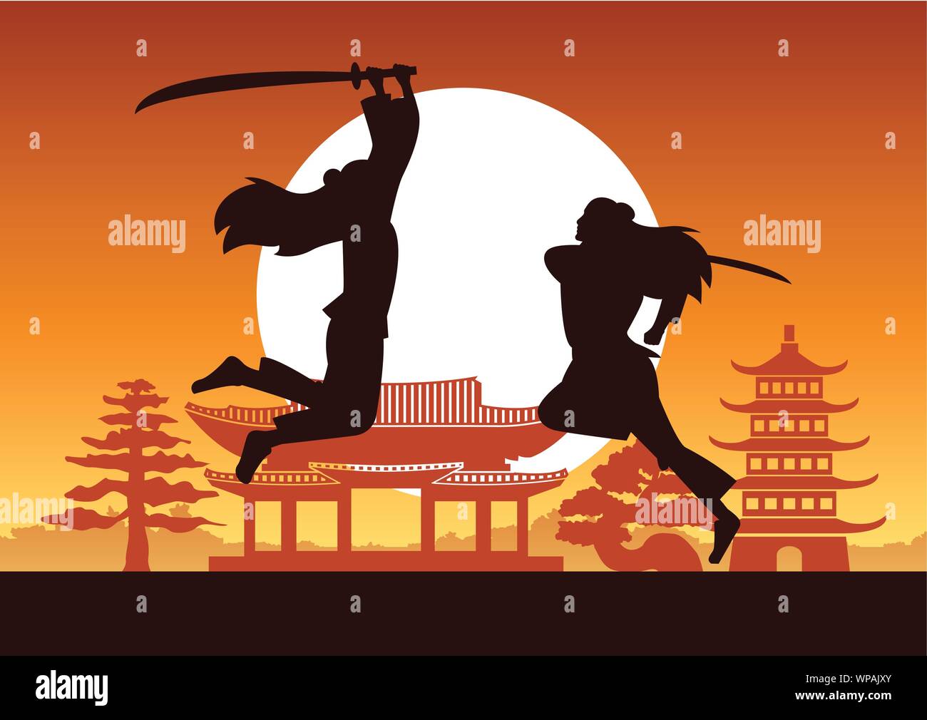 Il cinese Hero marziali lotta treno ogni altro fronte di antica casa cinese sul tramonto del tempo,stile silhouette,illustrazione vettoriale Illustrazione Vettoriale