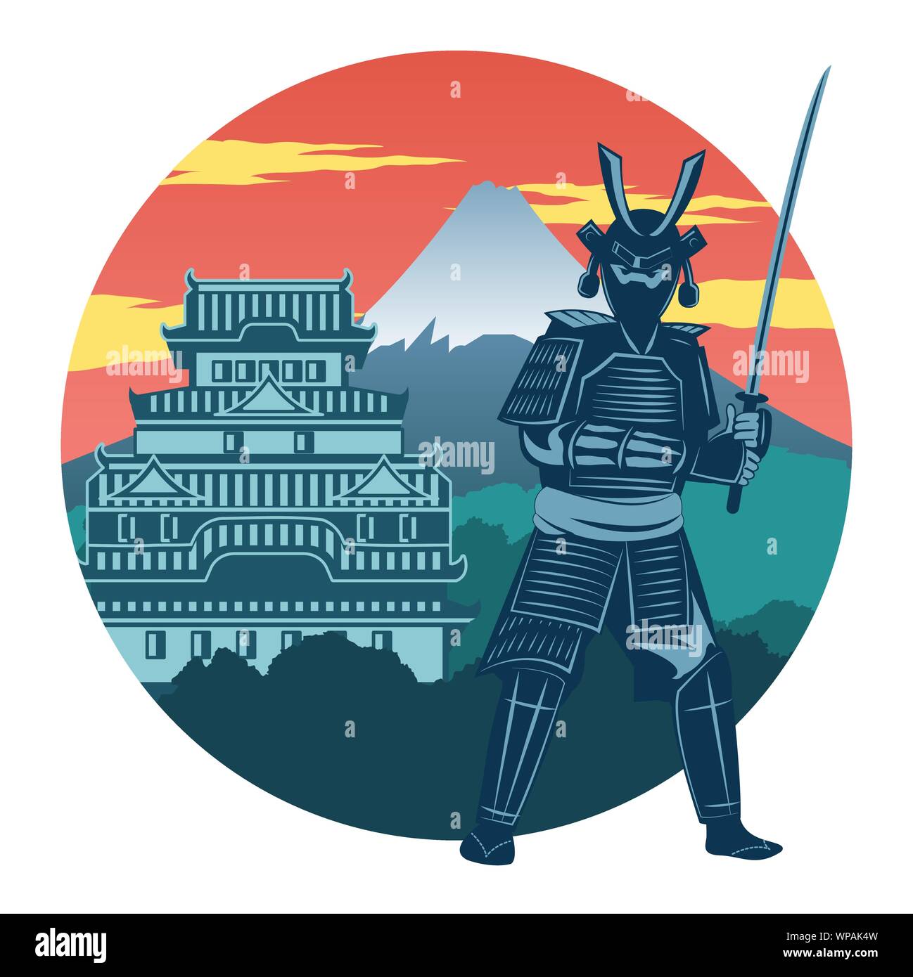 Il Samurai,maestoso palazzo imperiale e il Monte Fuji famoso punto di riferimento e simbolo del Giappone,per il panno e web design,colore vintage,illustrazione vettoriale Illustrazione Vettoriale