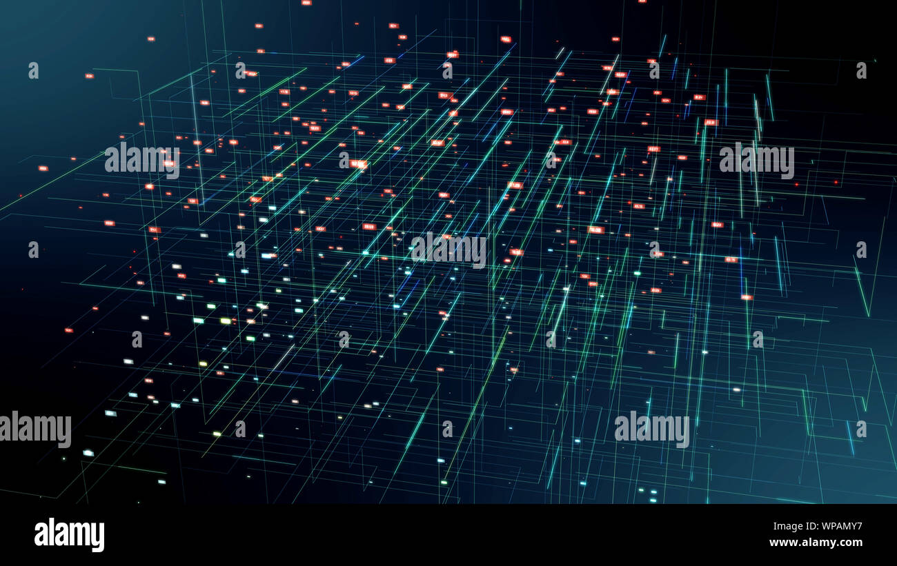 Rete Blockchain , machine learning , apprendimento profondo e le reti neurali concetto. Blu collegamento distribuito Atom con sfondo nero , 3d renderi Foto Stock