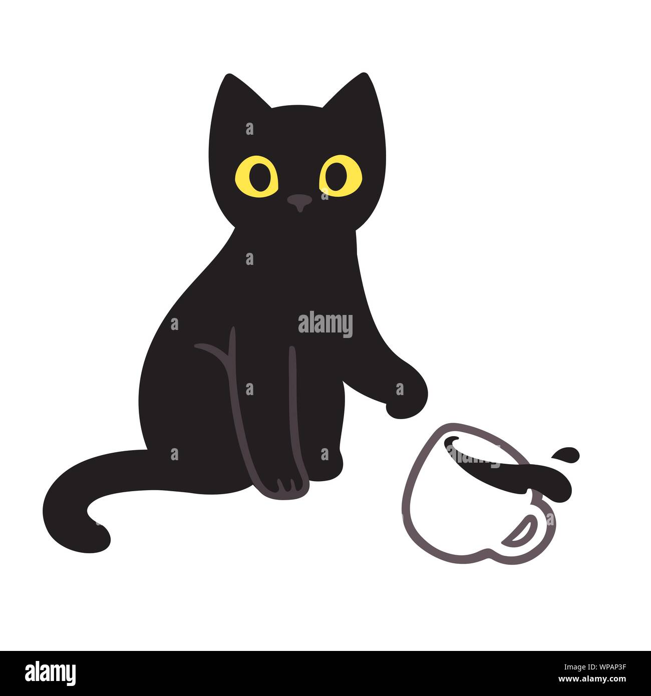 Carino gattino nero gettando tazza di caffè dalla tavola. Gatto divertente rompere le cose fumetto illustrazione, cartoon disegno vettoriale. Illustrazione Vettoriale