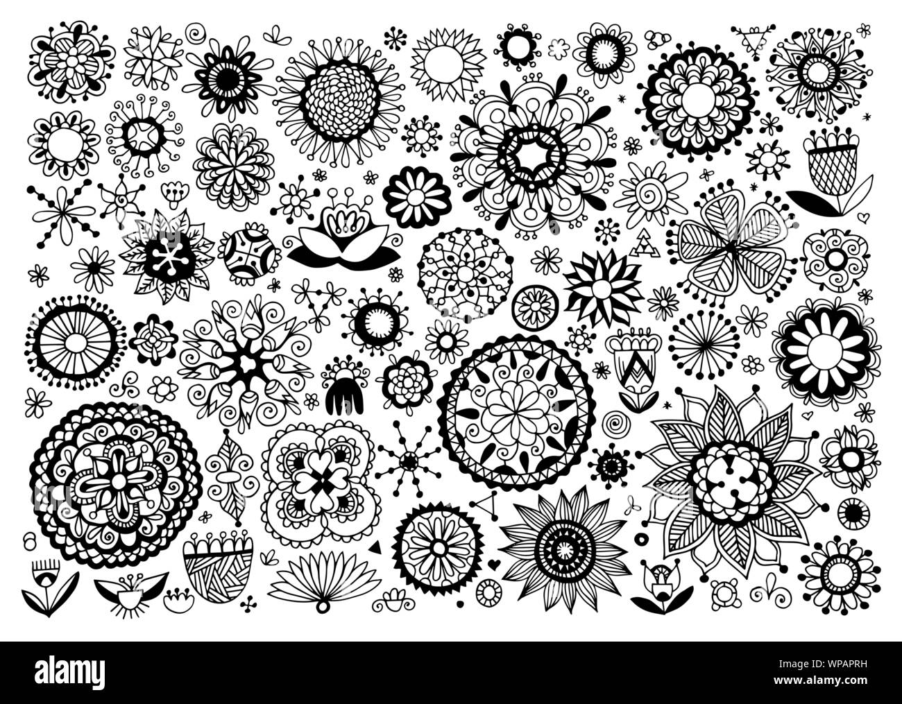 Grande set di doodle schizzo design floreale elementi, disegno floreale Illustrazione Vettoriale