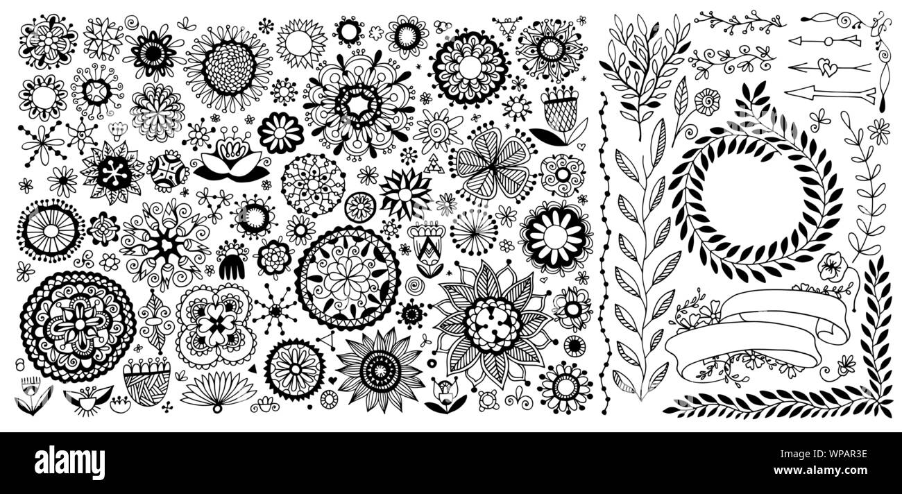 Grande set di doodle schizzo design floreale elementi, disegno floreale Illustrazione Vettoriale