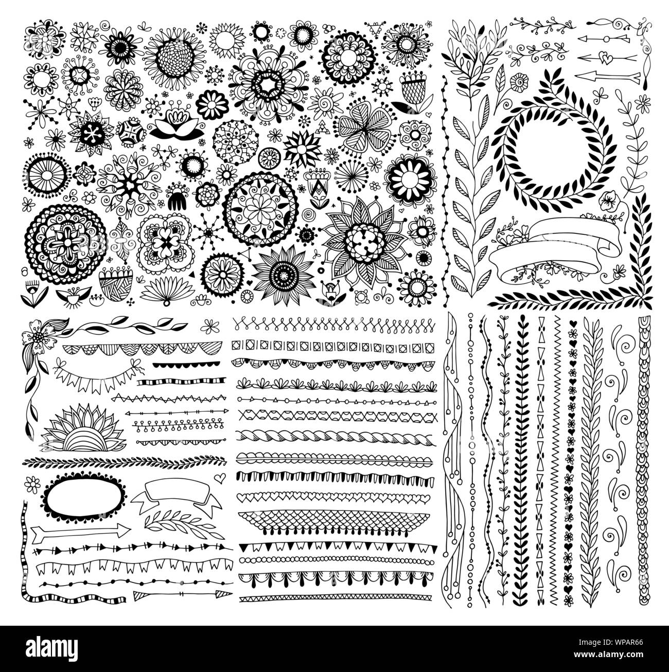 Grande set di doodle sketch fiore gli elementi di design Illustrazione Vettoriale