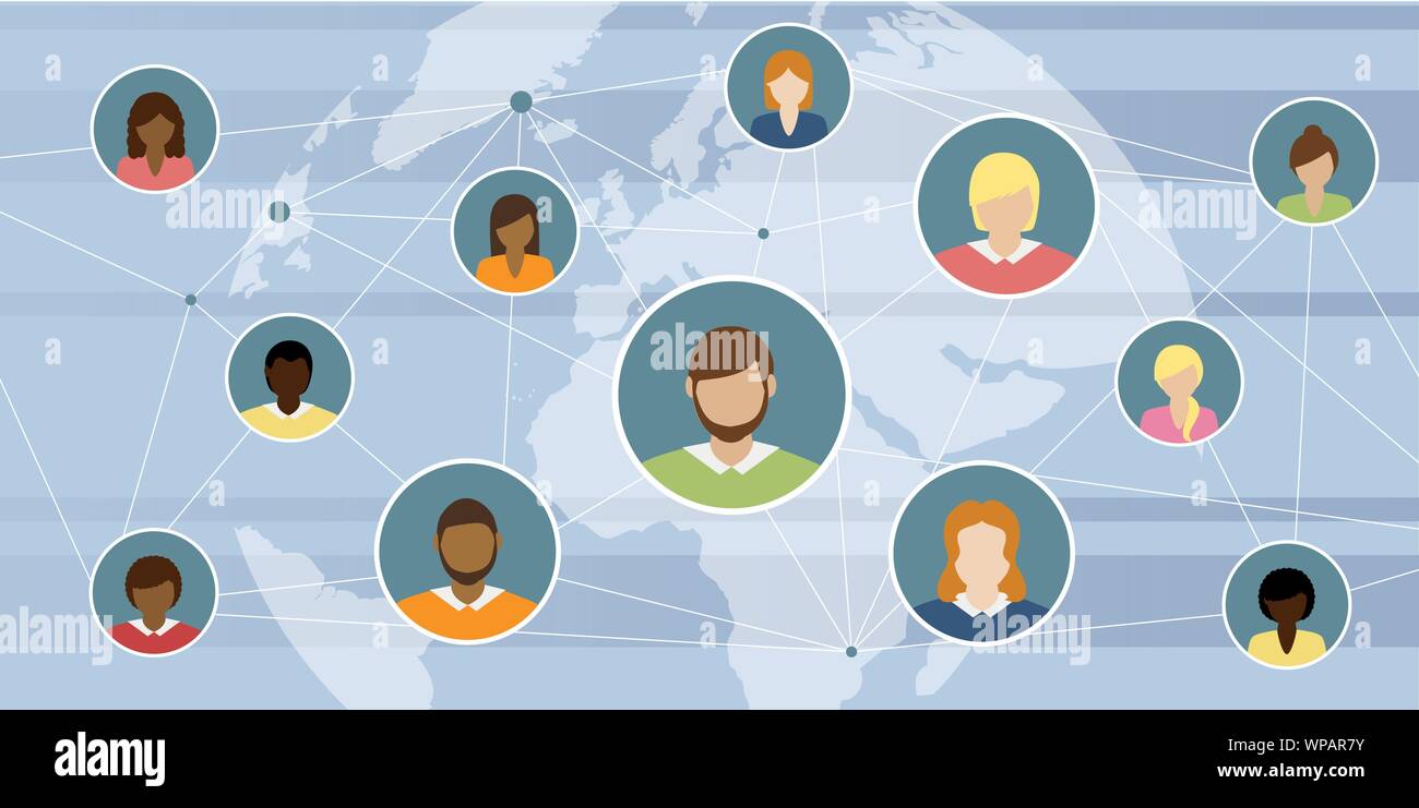 Social media network di concetto di caratteri con terra mappa di sfondo illustrazione vettoriale EPS10 Illustrazione Vettoriale