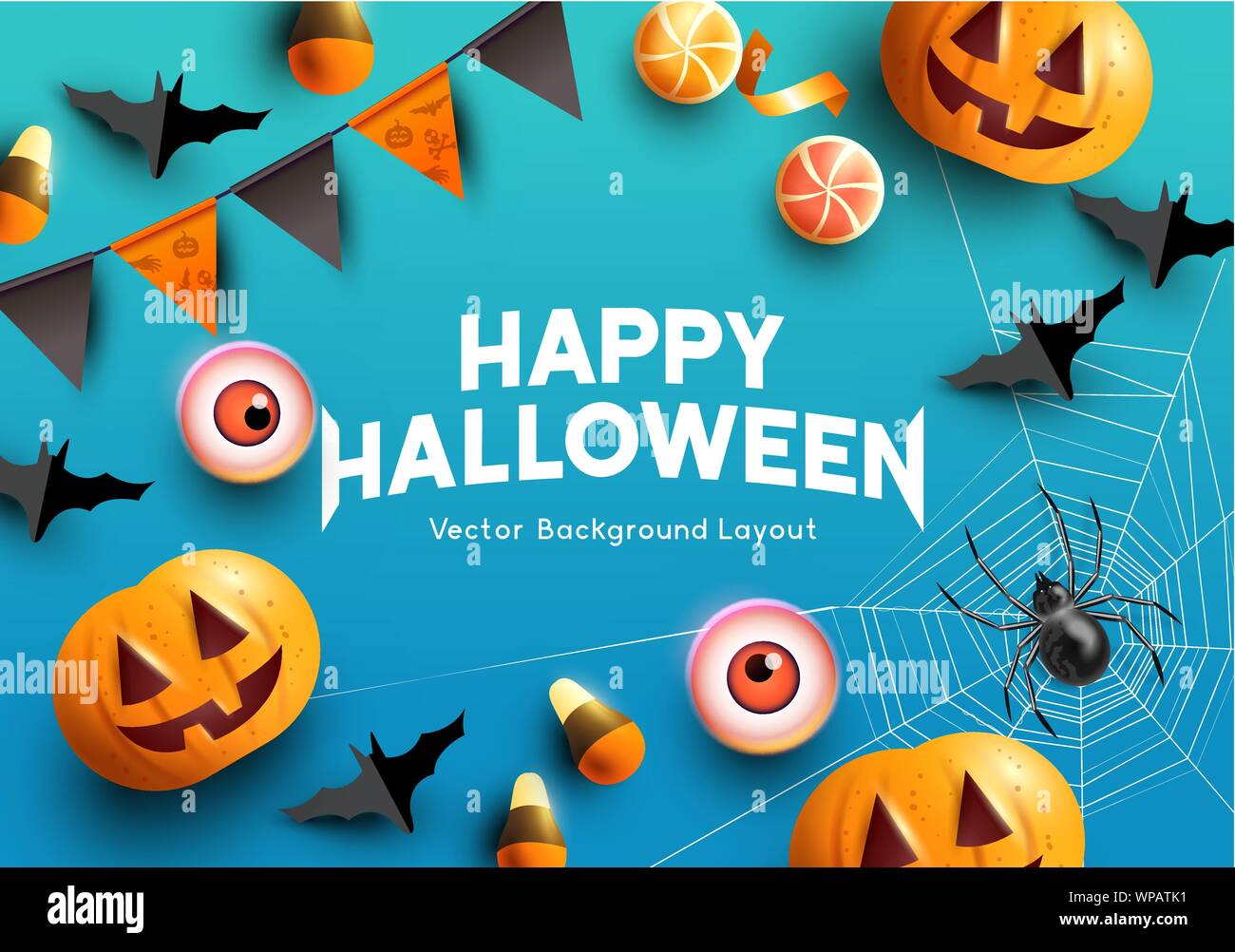 Festa di Halloween con zucche, pipistrelli e decorazioni da brivido. Illustrazione Vettoriale. Illustrazione Vettoriale
