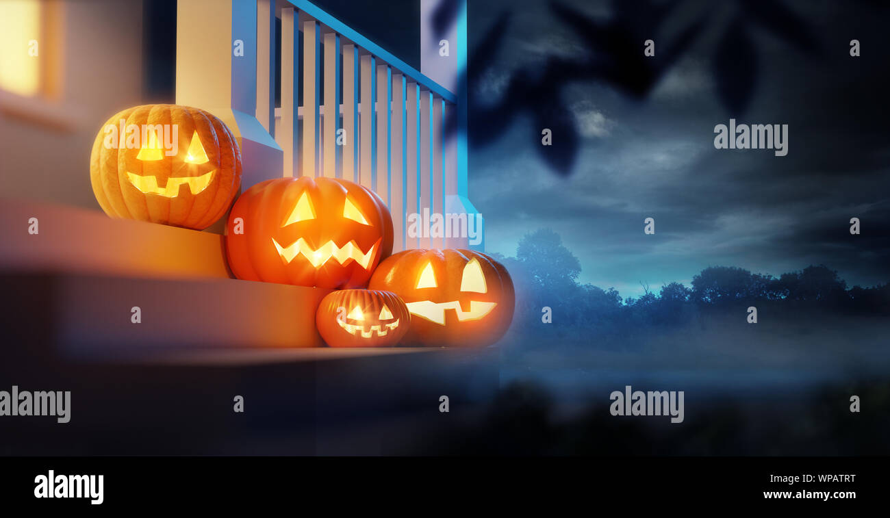 Un gruppo di zucca Jack O lanterne decorare un portico su Halloween. 3D'illustrazione. Foto Stock