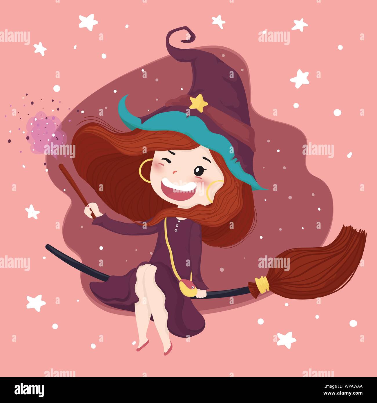 Strega carino con un bastone magico sfondo di halloween in abito viola cavalcare un fiore, piatto carattere vettoriale Illustrazione Vettoriale