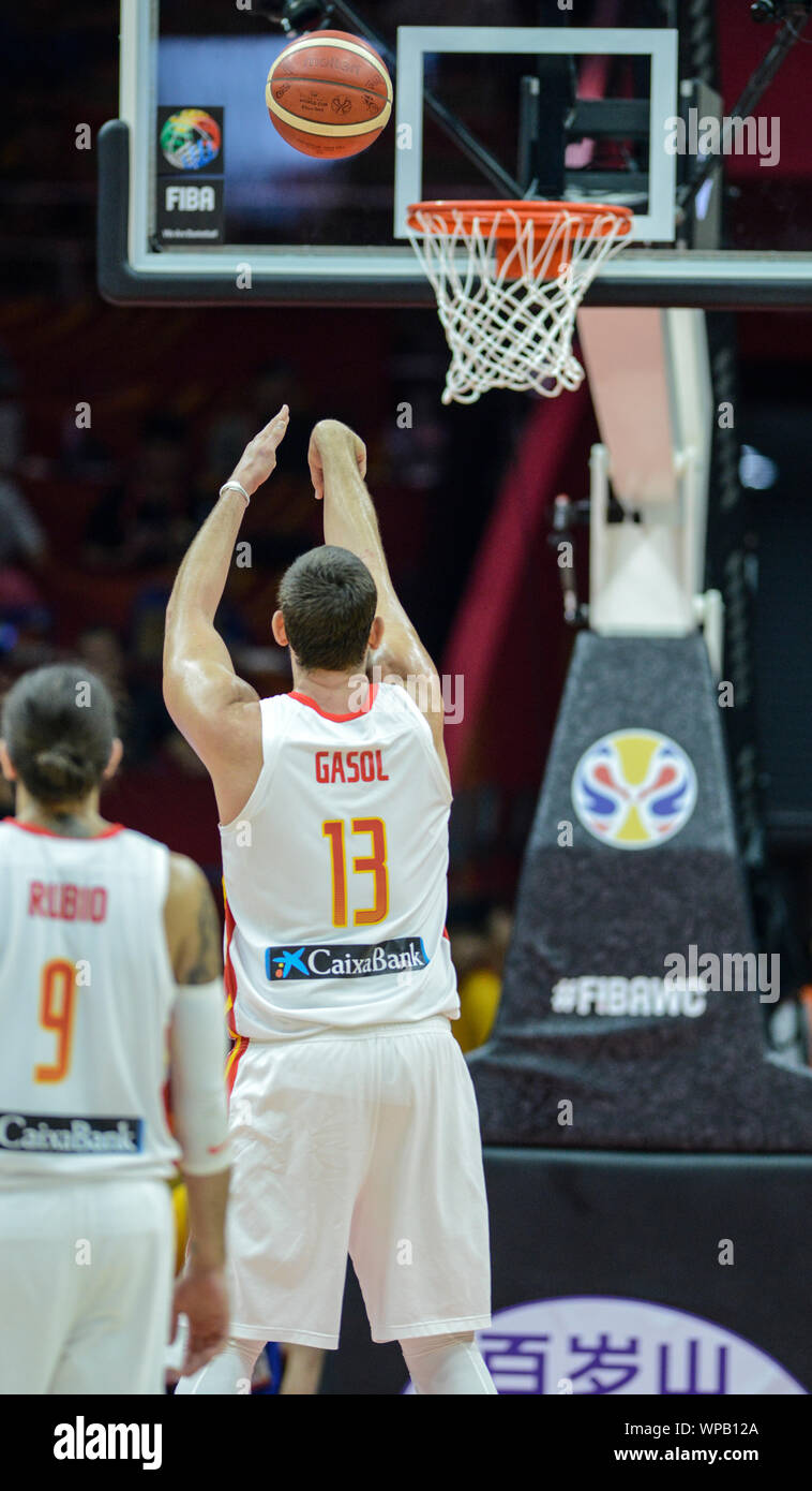 Marc Gasol, Ricky Rubio. Spagna vs Serbia. Pallacanestro FIBA World Cup Cina 2019, secondo round Foto Stock