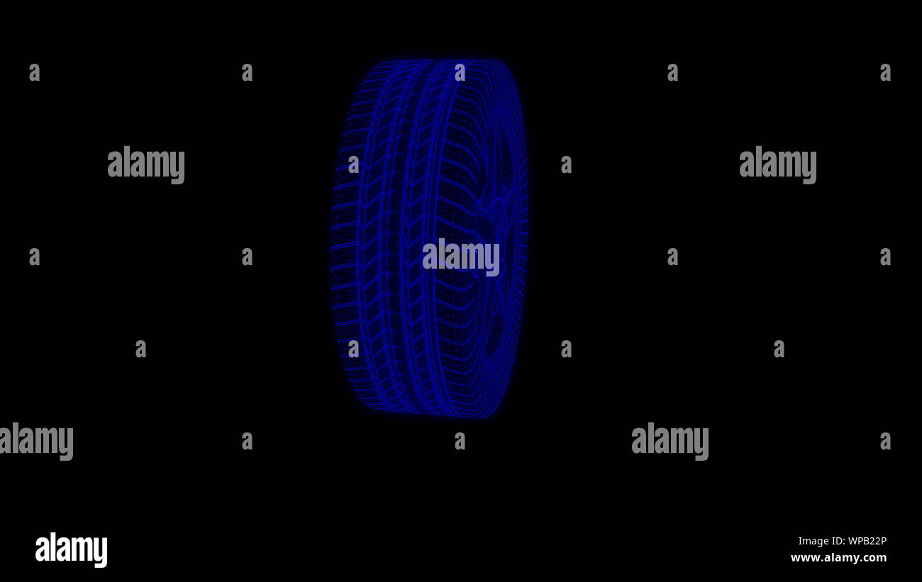 3d auto ruota Modello di filo isolato su sfondo nero Foto Stock