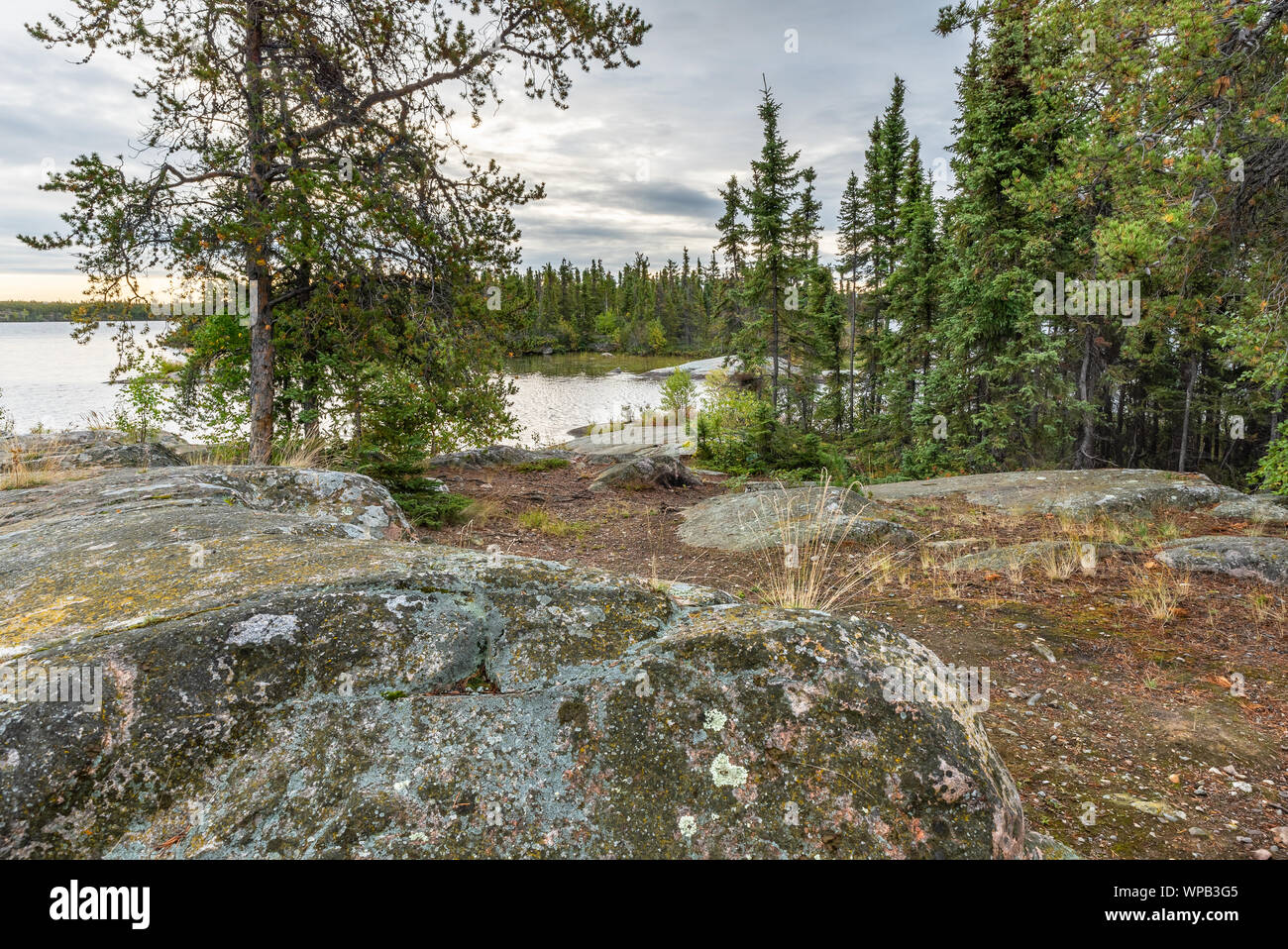 Rocce a lungo lago in Yellowknife, Northwest Territories, Canada Foto Stock