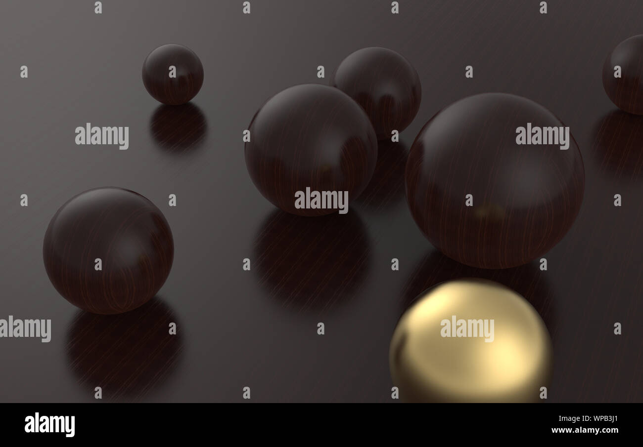 Una grande sfera di oro e sfere sparsi sulla superficie di una sfera di diverse dimensioni. L'idea di disordine e caos. 3D redering. Foto Stock