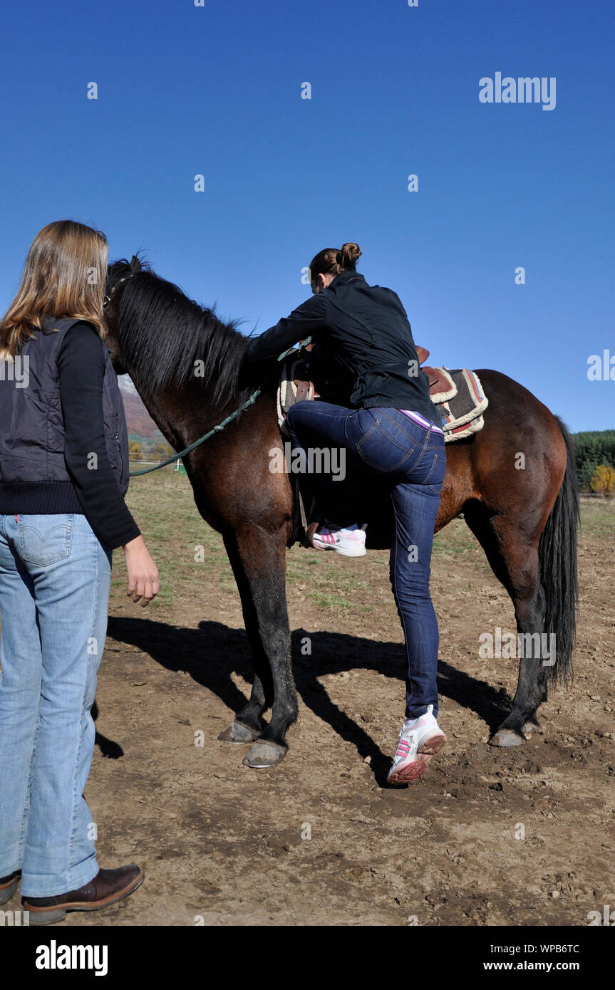 Cavaliere professionista alla ricerca di una giovane amatoriale che cerca di salire su un cavallo per equitazione lezioni di apprendimento sul ranch. Foto Stock