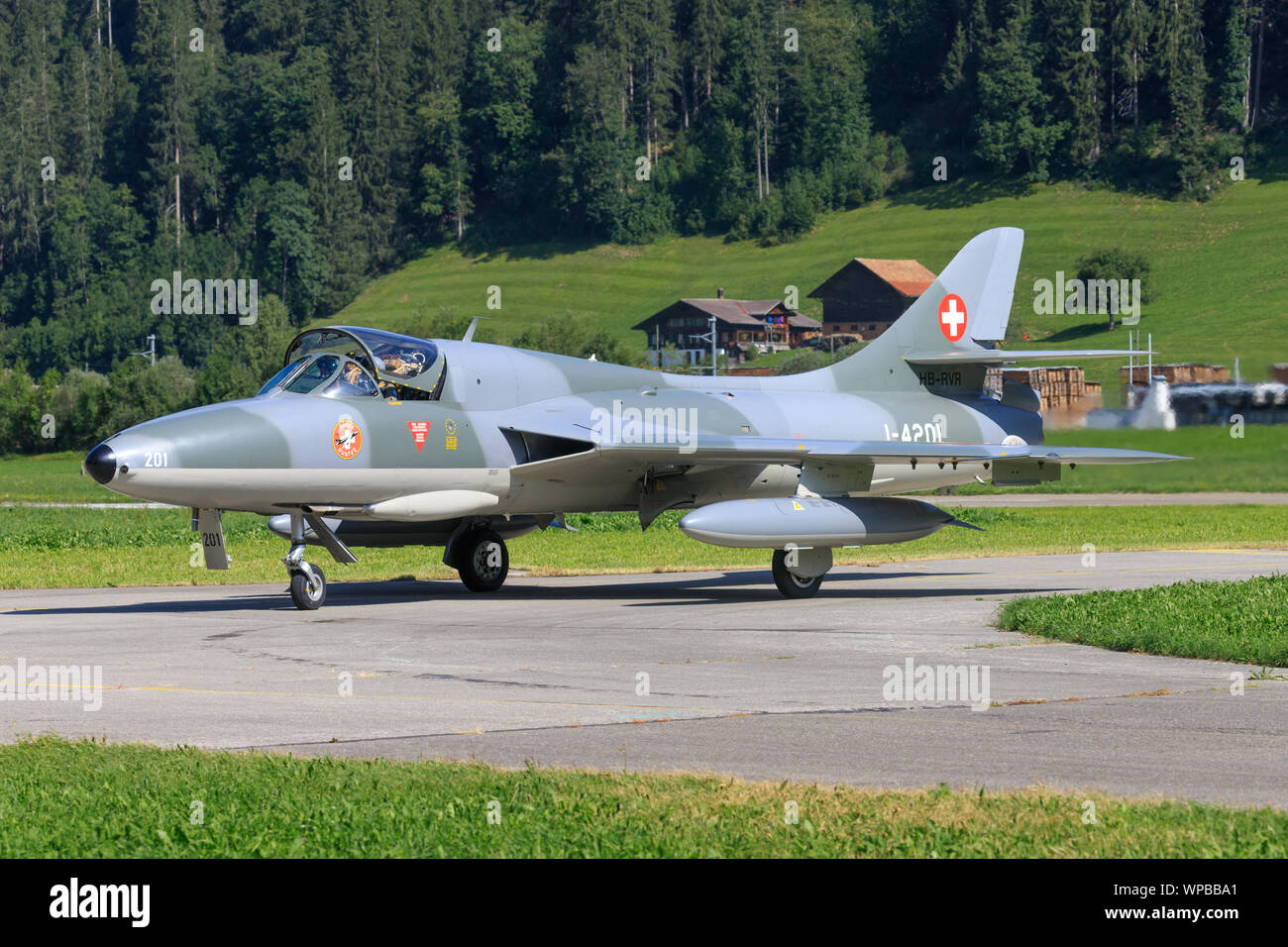 Sant Stephan, Svizzera - 3 Settembre 2019: Ex Swiss Air Force Hawker Hunter F.58 HB-RVS Foto Stock