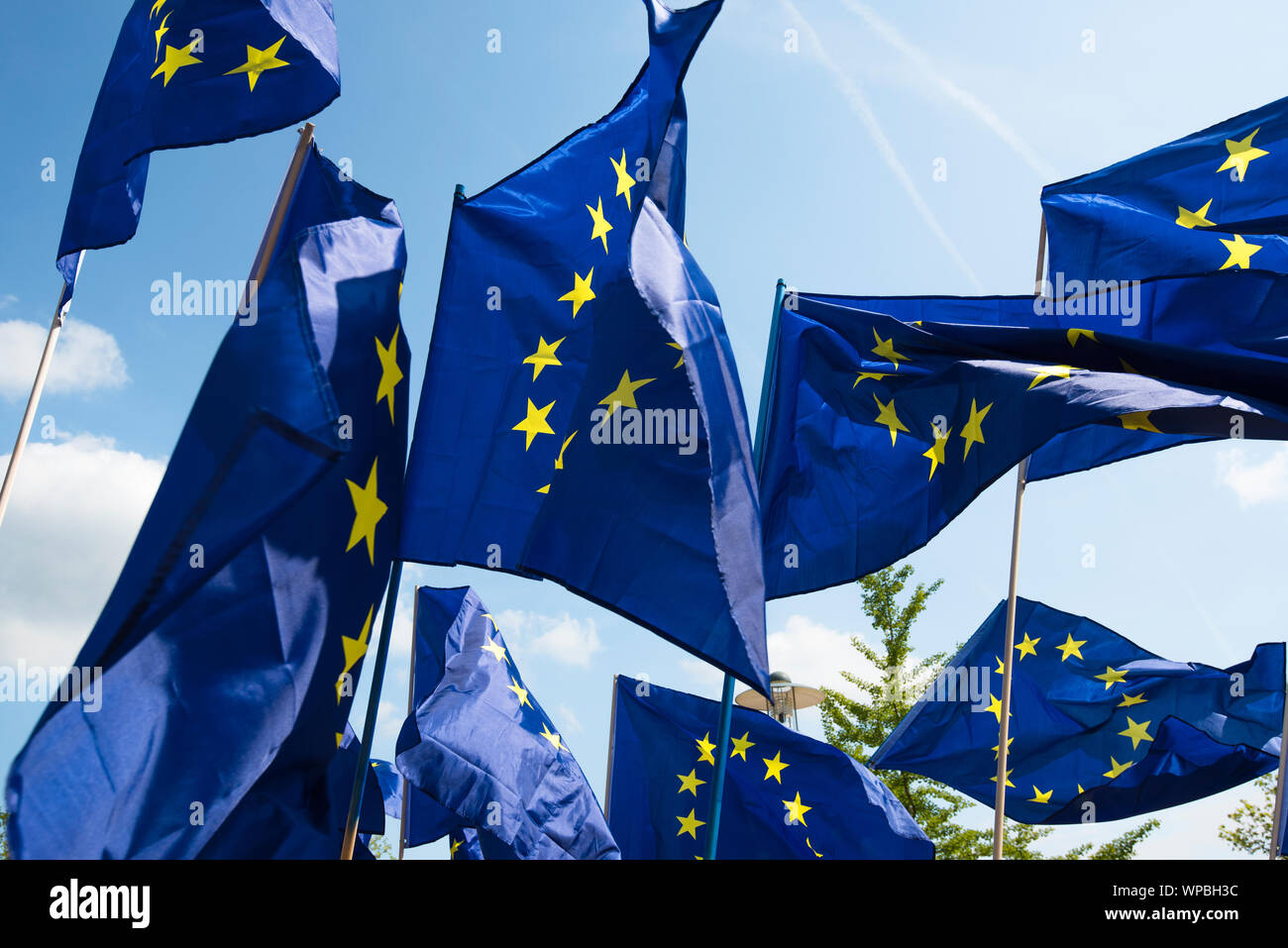 Le bandiere della Comunità europea al vento nella parte anteriore del cielo blu Foto Stock