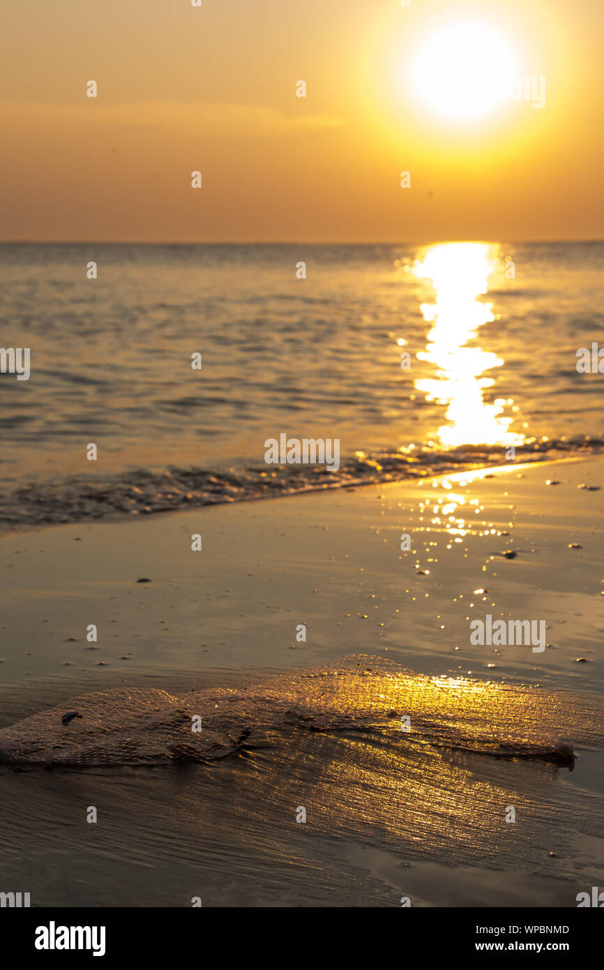 Un pezzo di plastica dei rifiuti si è incagliata presso la spiaggia con l alta marea al tramonto Foto Stock