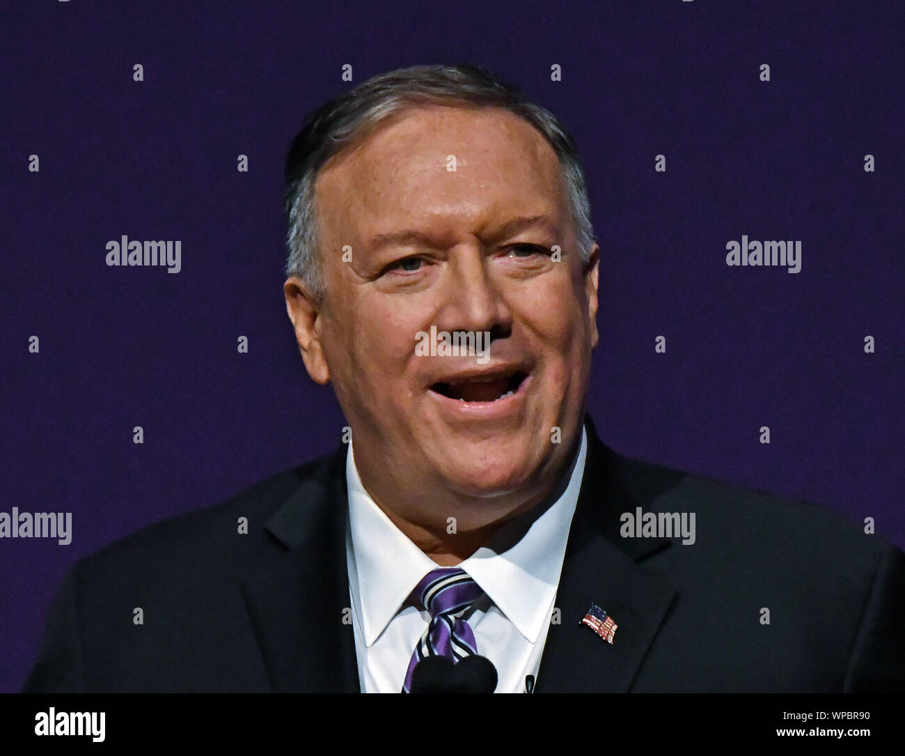 Manhattan Kansas, USA, 6 settembre 2019.negli Stati Uniti il Segretario di Stato Michael R. Pompeo offre il primo Alfred M. Landon Lecture dell anno scolastico a Kansas State University, Credito: Mark Reinstein/MediaPunch Foto Stock