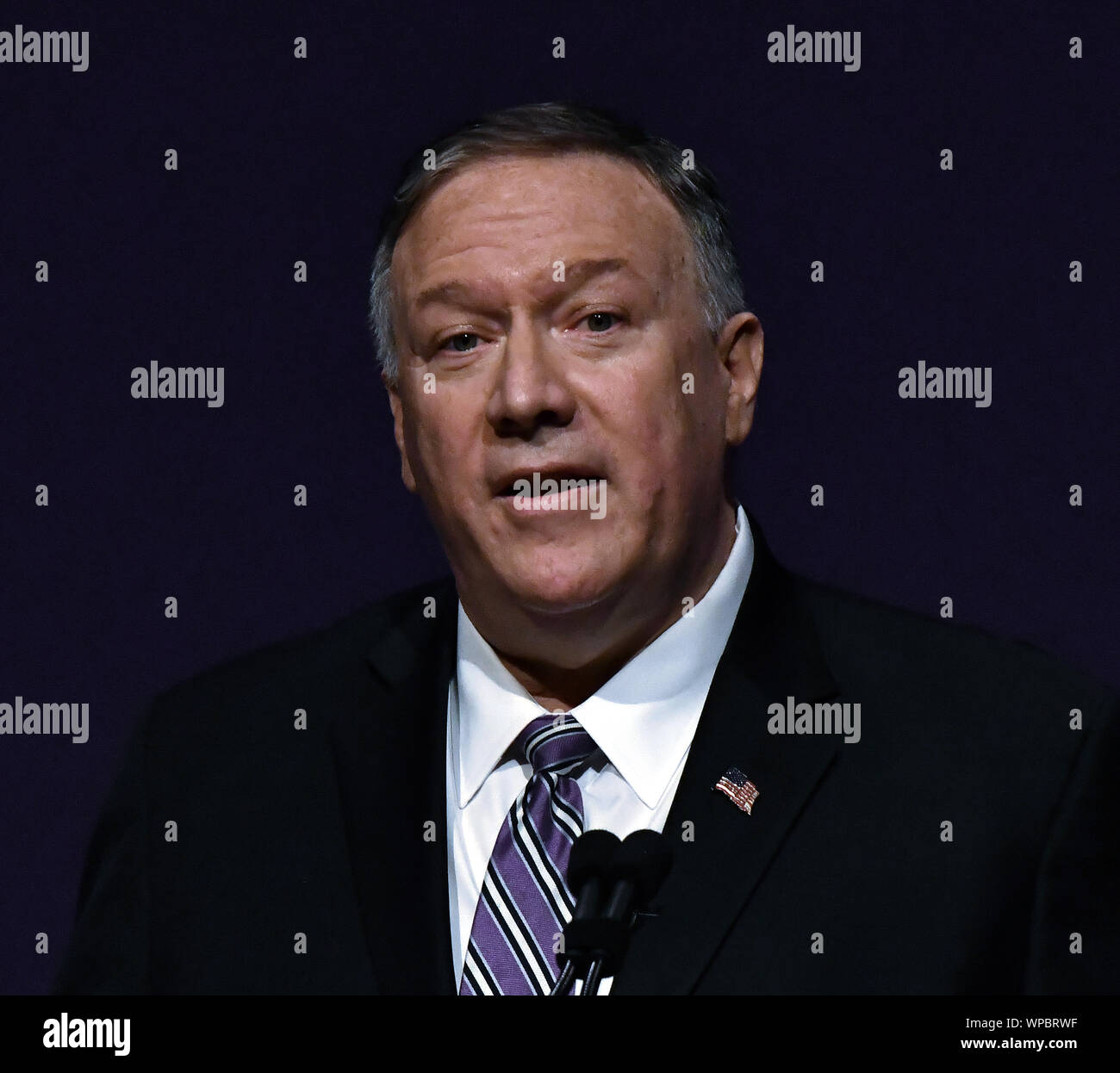 Manhattan Kansas, USA, 6 settembre 2019.negli Stati Uniti il Segretario di Stato Michael R. Pompeo offre il primo Alfred M. Landon Lecture dell anno scolastico a Kansas State University, Credito: Mark Reinstein/MediaPunch Foto Stock