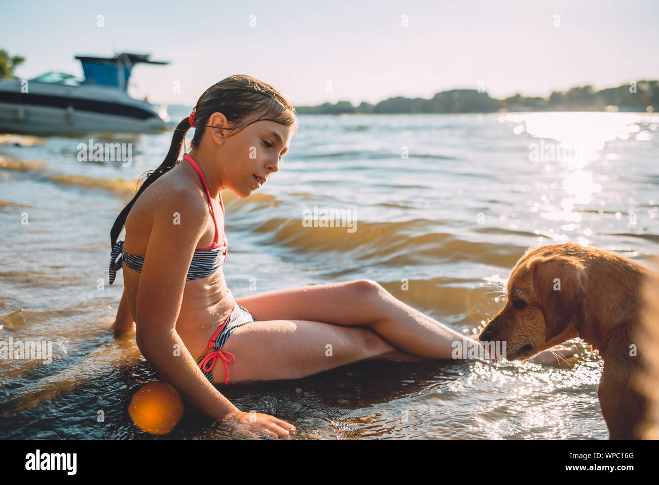 Ragazza seduta sulla spiaggia con un piccolo cane giallo Foto Stock Ragazza seduta sulla spiaggia con un piccolo cane giallo Foto Stock