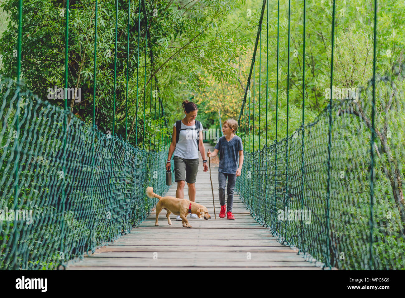 Madre e figlia camminare su legno ponte di sospensione con un piccolo cane giallo nella foresta Foto Stock