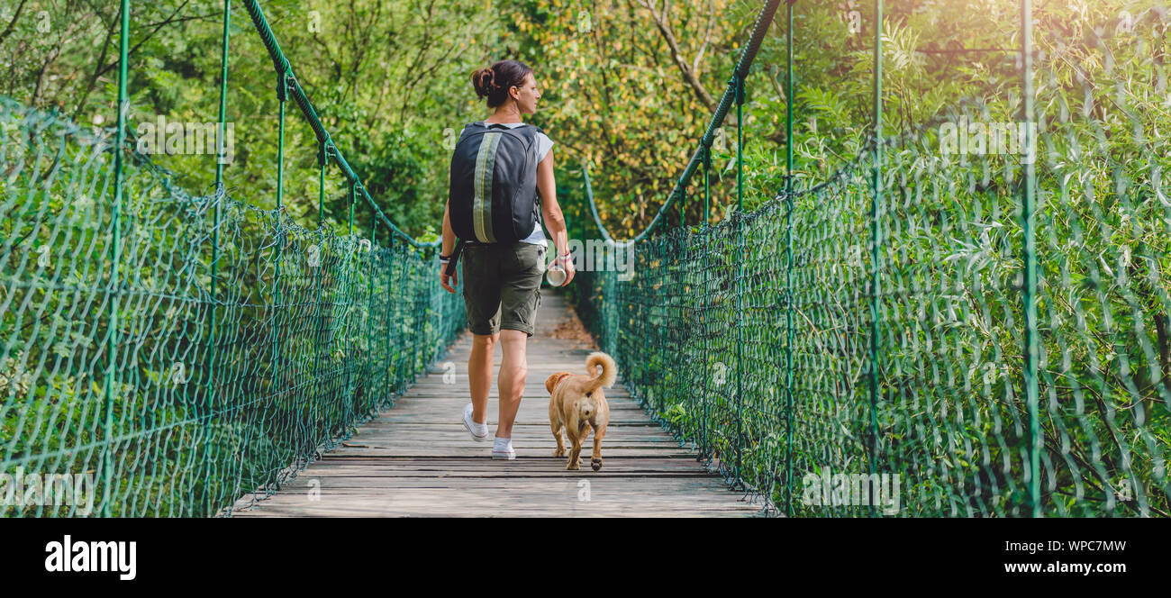 Le donne e le piccole yellow dog camminare su legno ponte di sospensione nella foresta Foto Stock